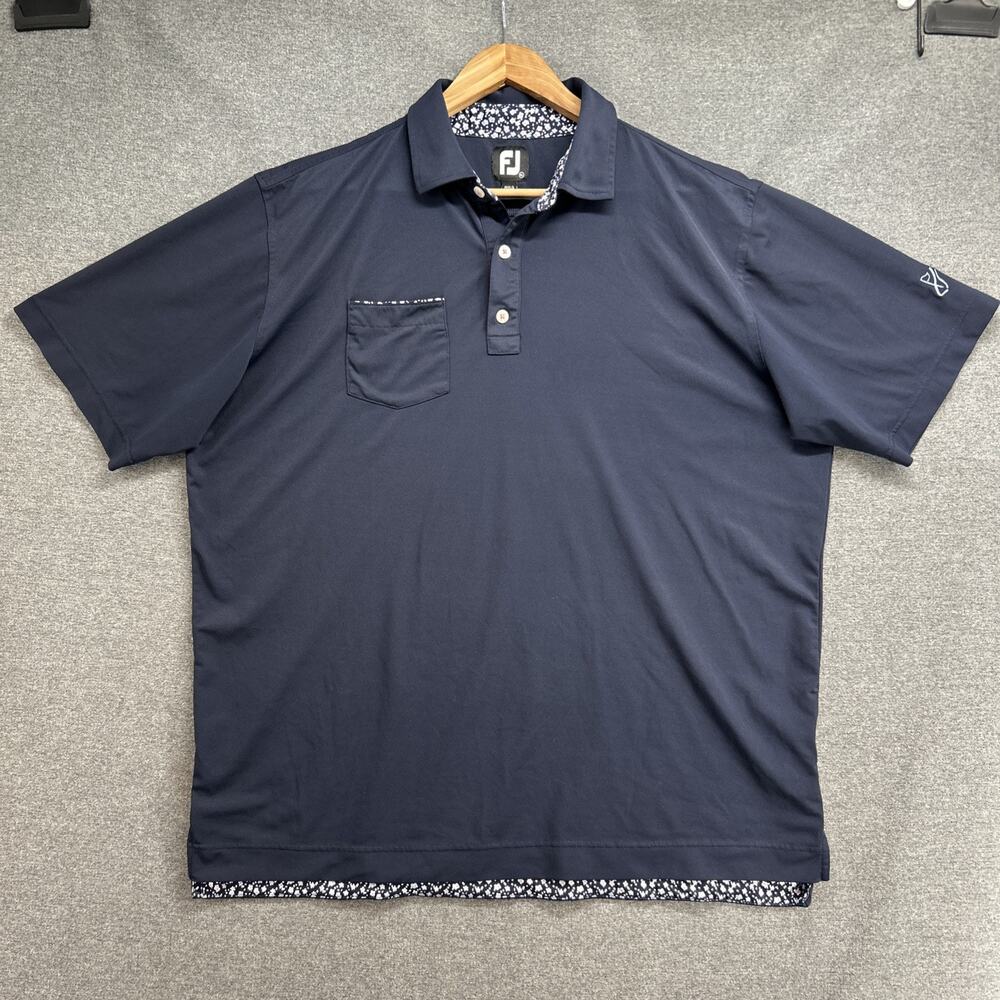 FootJoy Golf Polo Shirt Womens XL Navy Blue Floral Trim Chest Pocket Performance